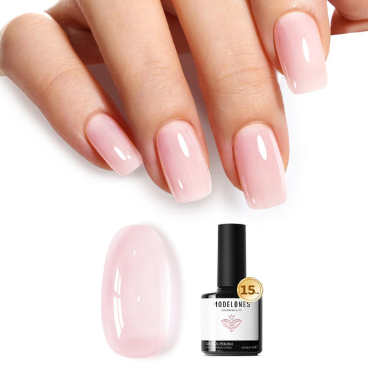 modelones front bottle 15ml showing sheer pink jelly and benefit of buildable coverage