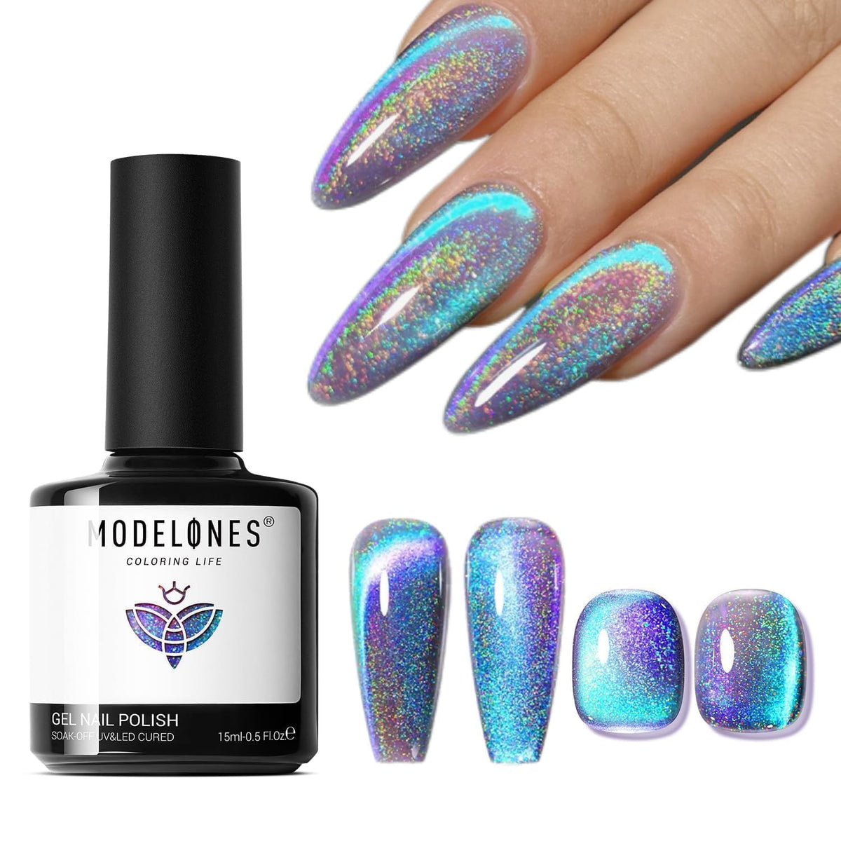 modelones front bottle 15ml showing holographic blue purple shimmer benefit durable polish