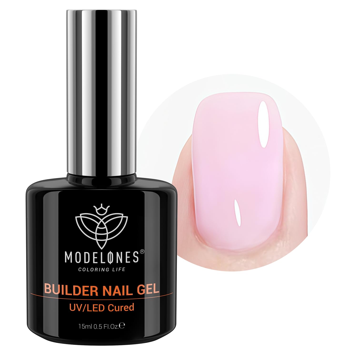 modelones bottle front view showing baby pink builder gel benefits