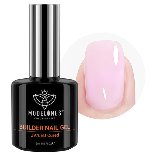 modelones bottle front view showing baby pink builder gel benefits