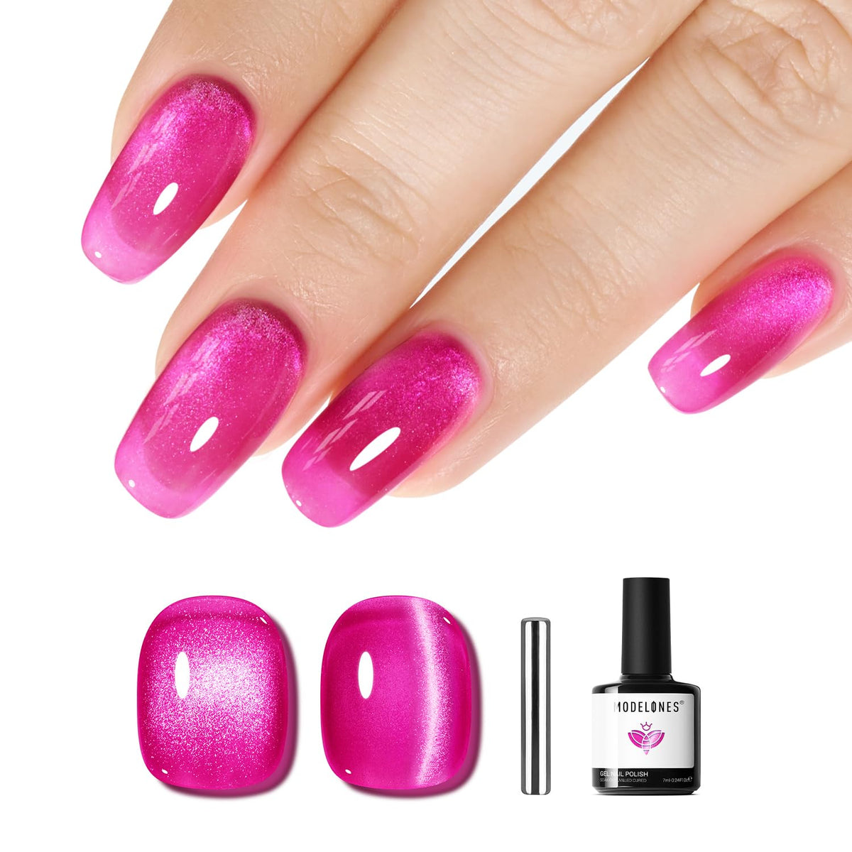 modelones front bottle hot pink showing polish color and volume for long use