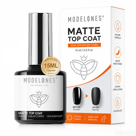 modelones bottle front view showing matte top coat, precise application benefit