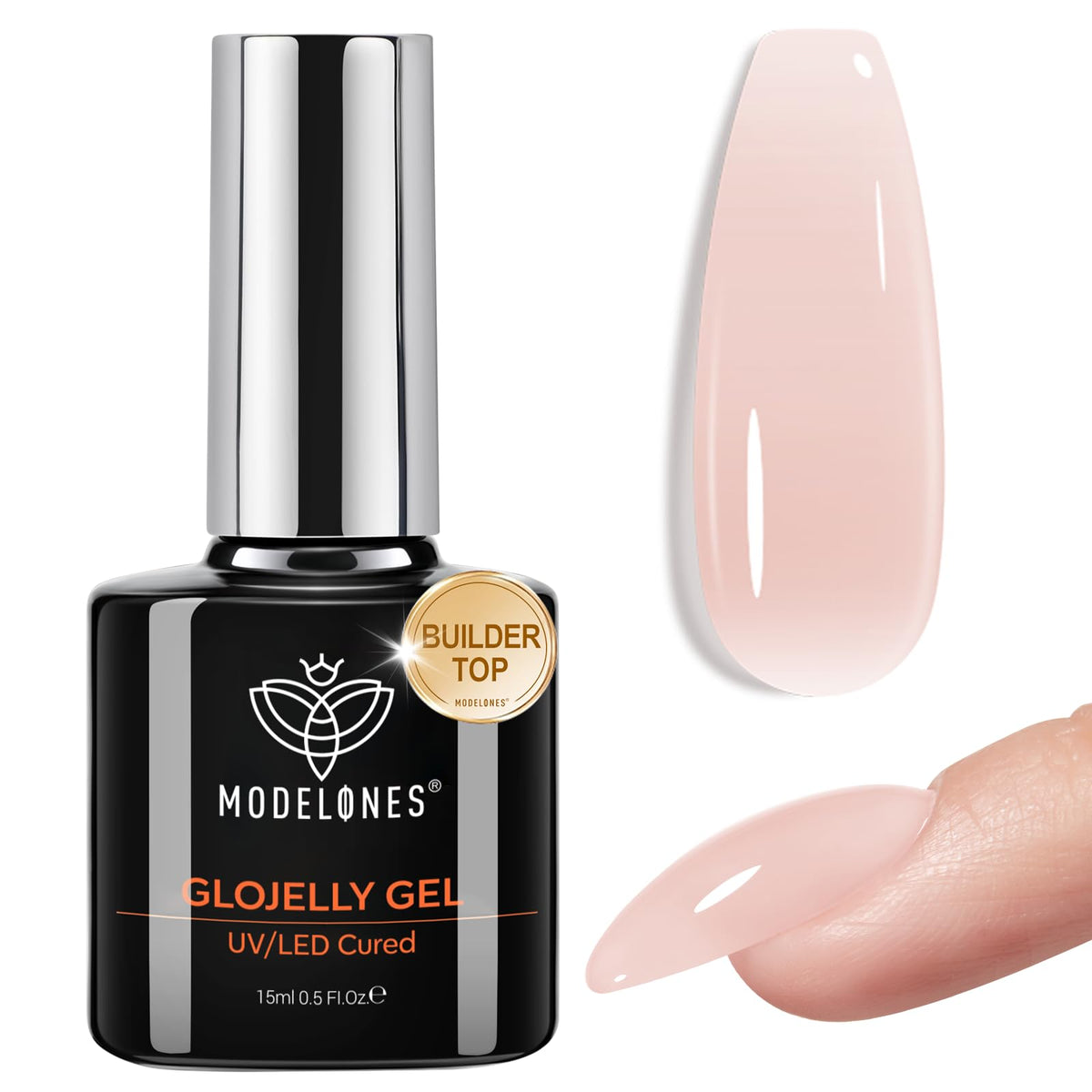 modelones bottle front view showing nude builder gel and glossy finish benefit