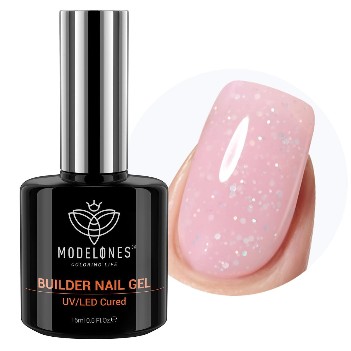 modelones front bottle showing nude-pink shimmer and multiuse builder benefits
