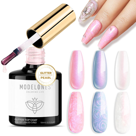 modelones front bottle showing pearlescent gel top coat and glossy finish benefit