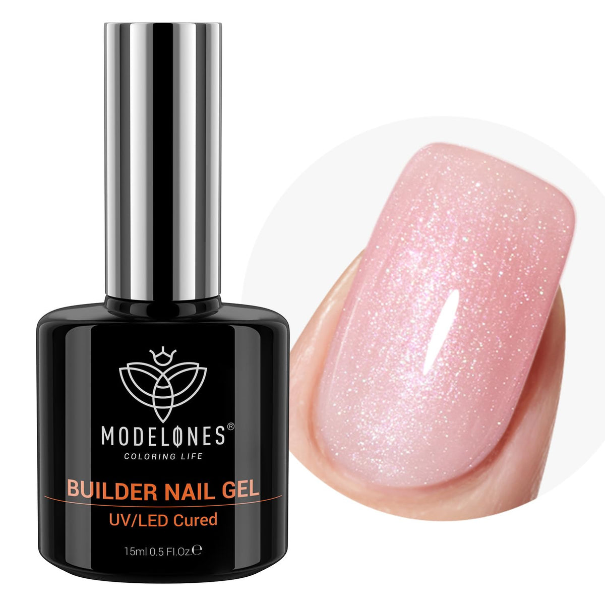 modelones bottle front view showing pink shimmer gel and benefits