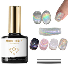 modelones bottle front view showing holographic cat eye finish and glossy benefit