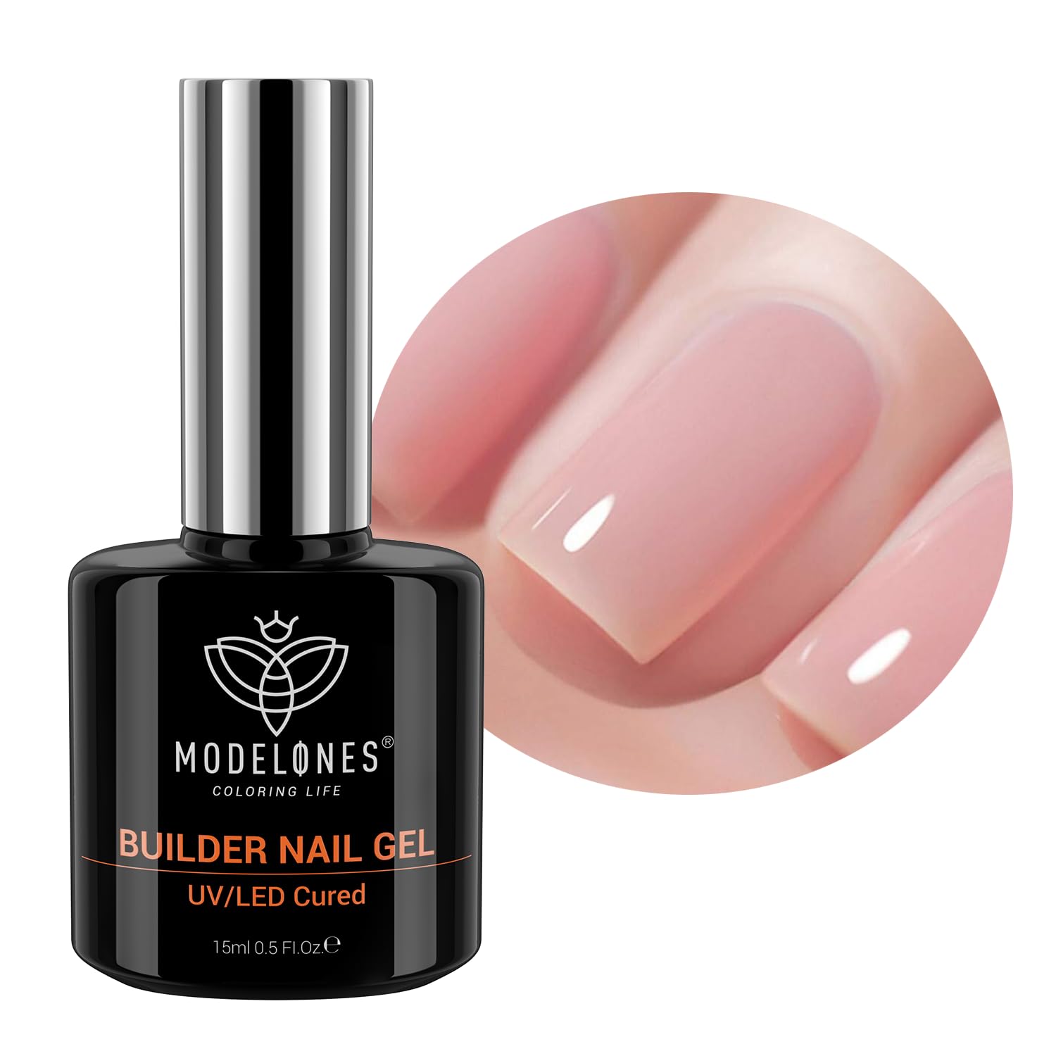 modelones bottle front view showing rose blush gel and label, clear product ID benefit