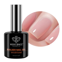 modelones bottle front view showing rose blush gel and label, clear product ID benefit