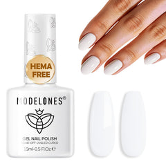 modelones bottle front view showing white 15ml polish and glossy finish benefit