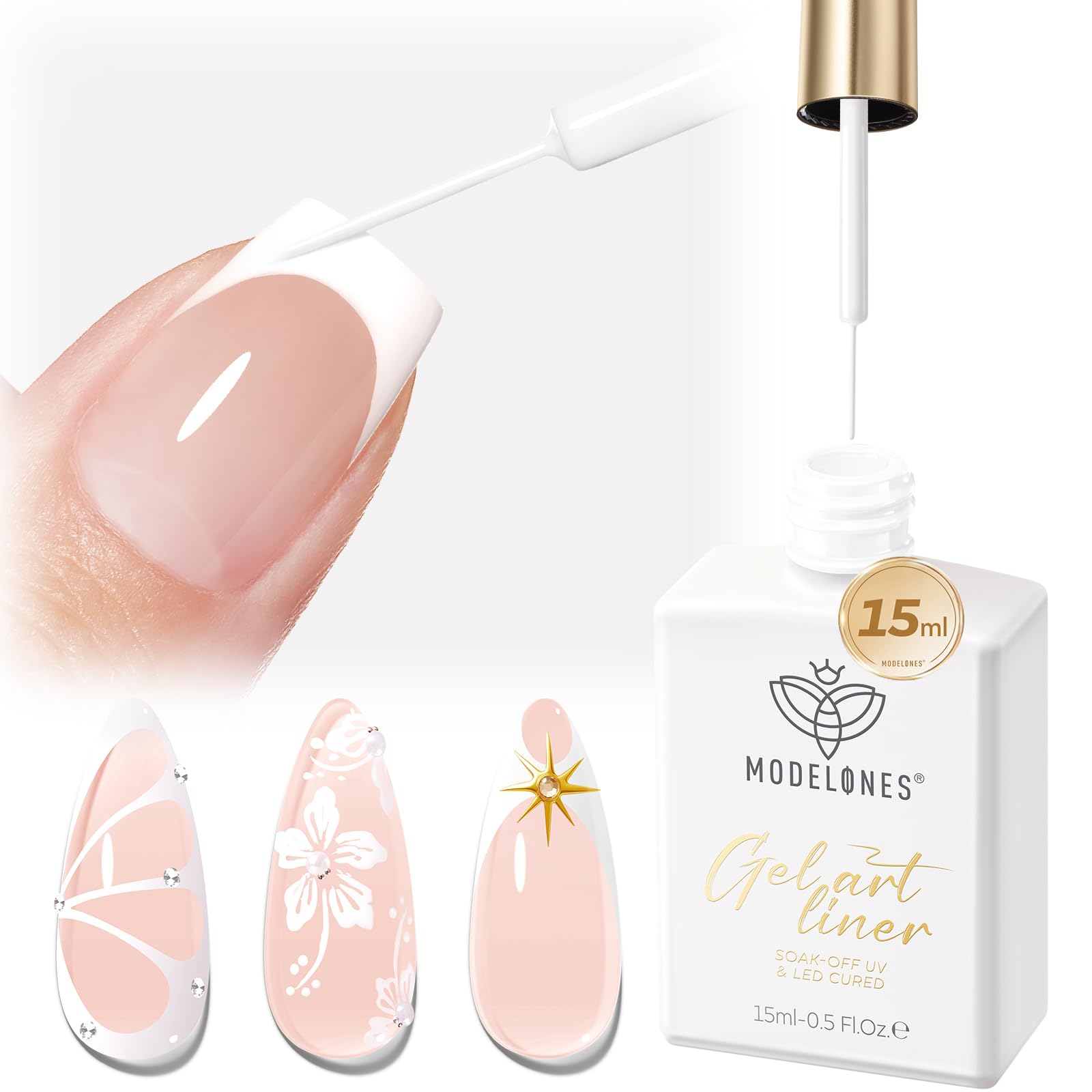 modelones front bottle showing white liner and long-lasting benefit
