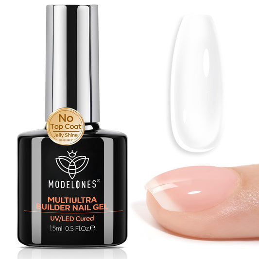 modelones bottle front view showing label and glossy clear builder gel benefit