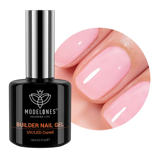 modelones front bottle showing pink builder gel and quick identification benefit