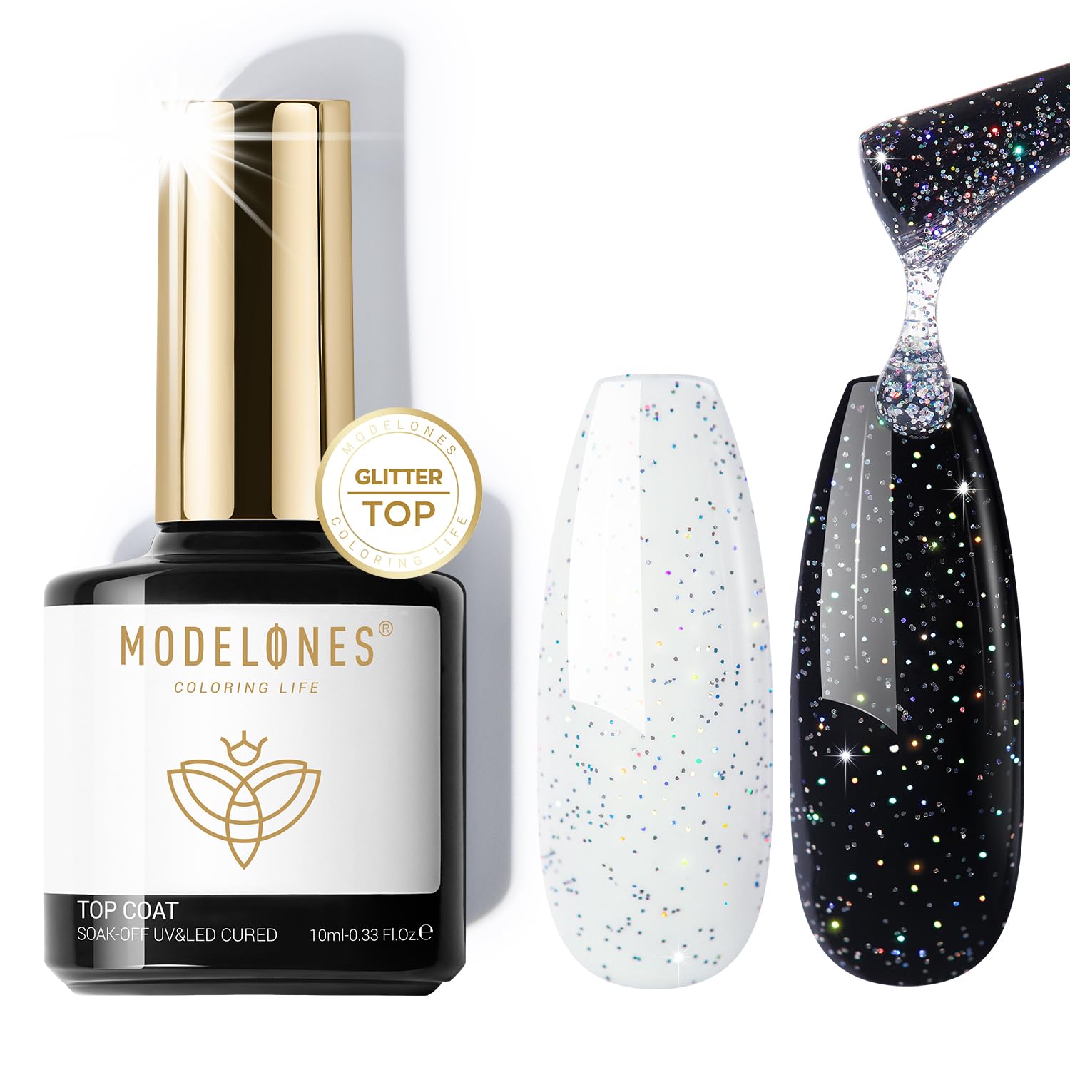 modelones front bottle showing iridescent silver glitter and clear gel finish benefit adds sparkle