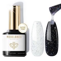 modelones front bottle showing iridescent silver glitter and clear gel finish benefit adds sparkle