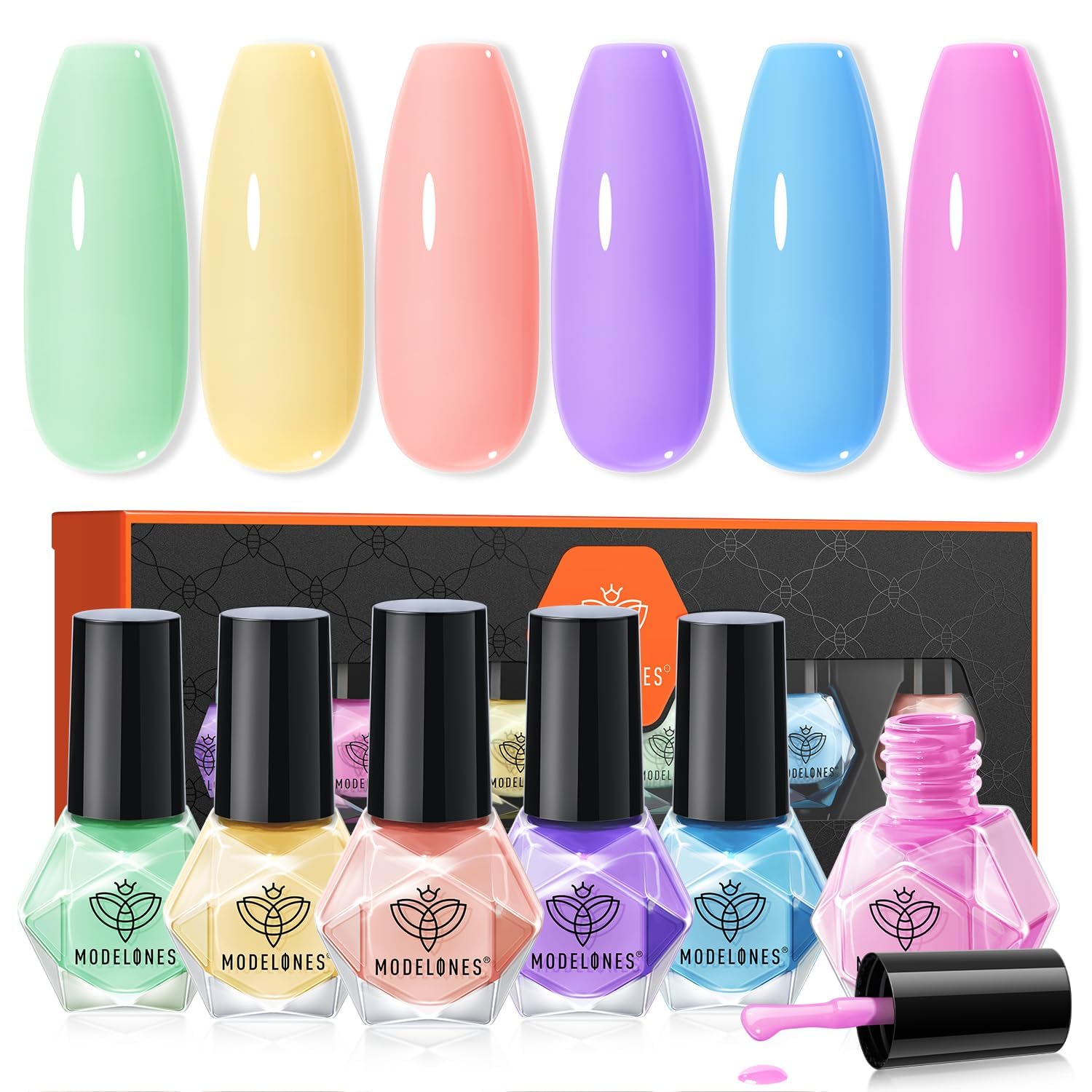 modelones front view of six pastel nail polish bottles, easy selection