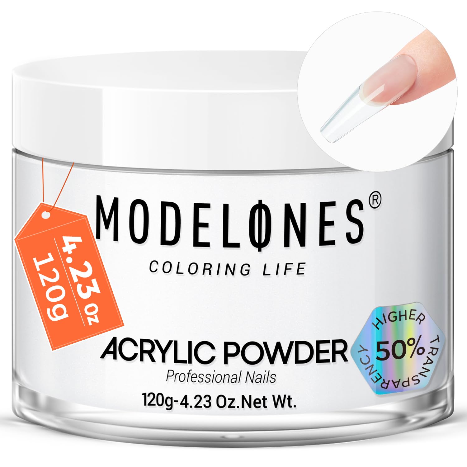 modelones jar front view showing clear acrylic powder and professional finish