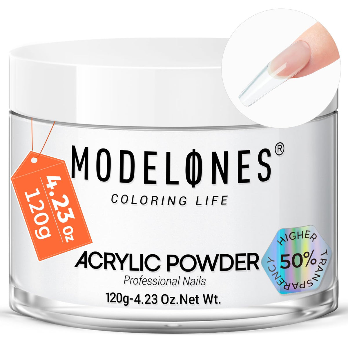 modelones jar front view showing clear acrylic powder and professional finish