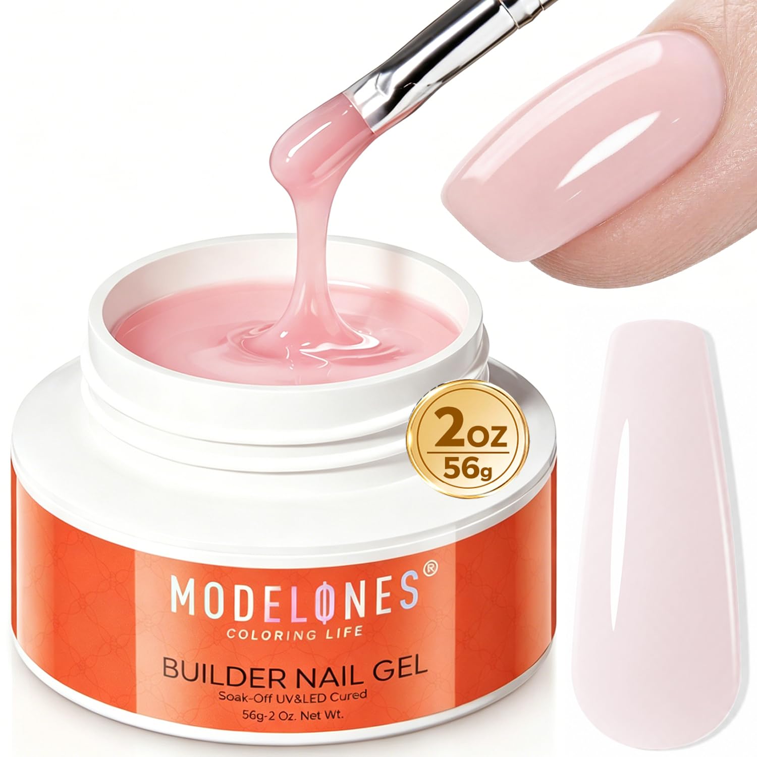 modelones jar front view showing nude-pink builder gel and benefits of strong structure