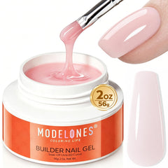 modelones jar front view showing nude-pink builder gel and benefits of strong structure