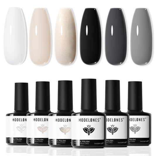 modelones front packaging showing six gel bottles and neat display benefit quick selection