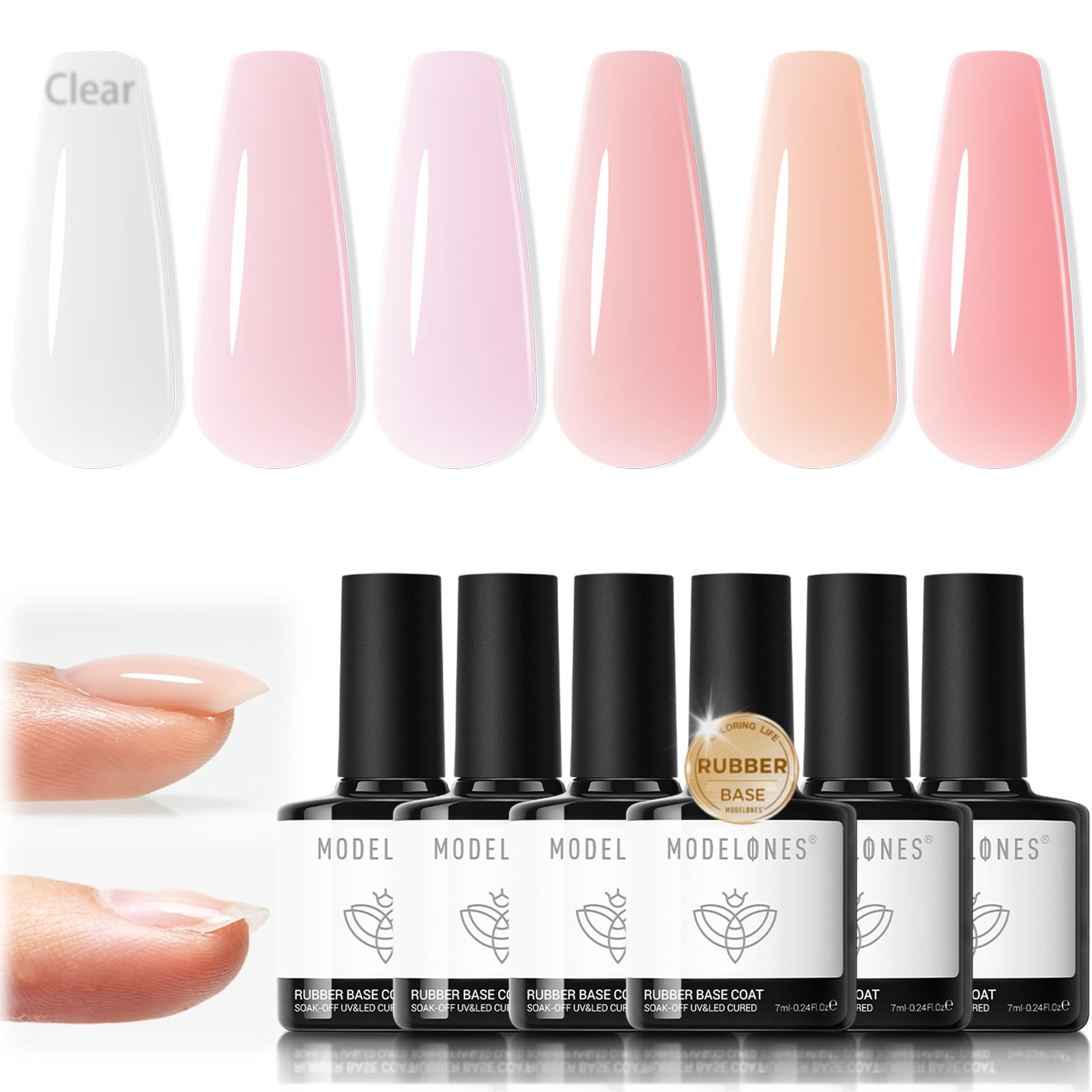 modelones front packaging showing six rubber base gel bottles and benefits