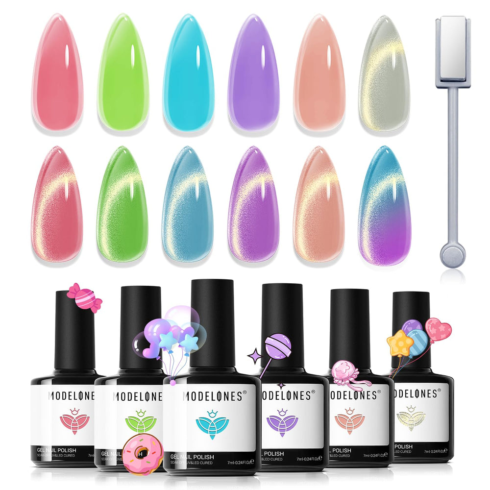 modelones front packaging showing six jelly and cat-eye gels for easy set identification