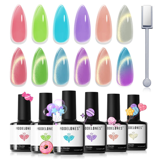 modelones front packaging showing six jelly and cat-eye gels for easy set identification