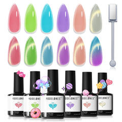 modelones front packaging showing six jelly and cat-eye gels for easy set identification