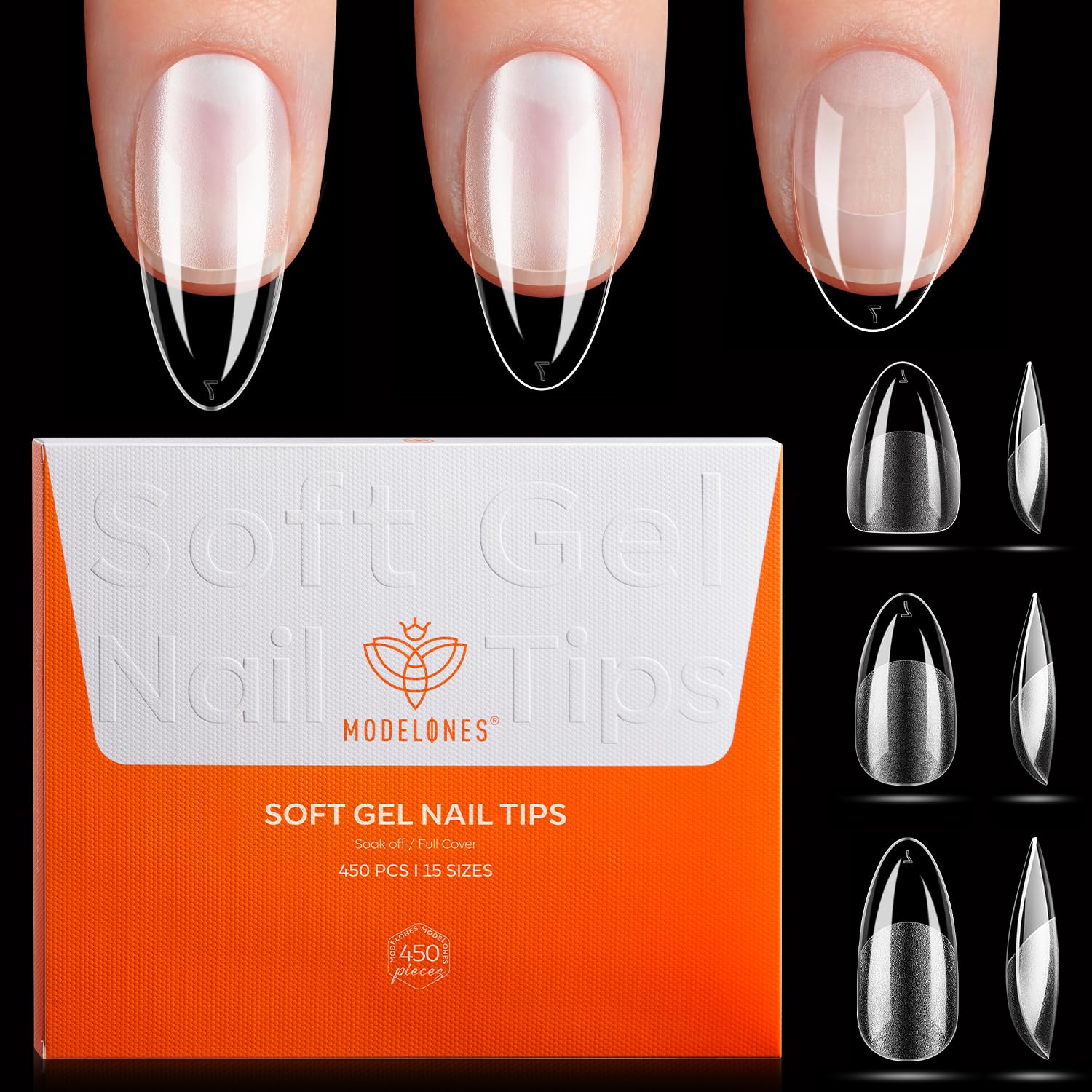 modelones front packaging showing 450 almond tips and clear storage, keeps supplies organized