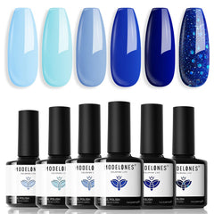 modelones front packaging showing six blue gel bottles and benefit of cohesive palette