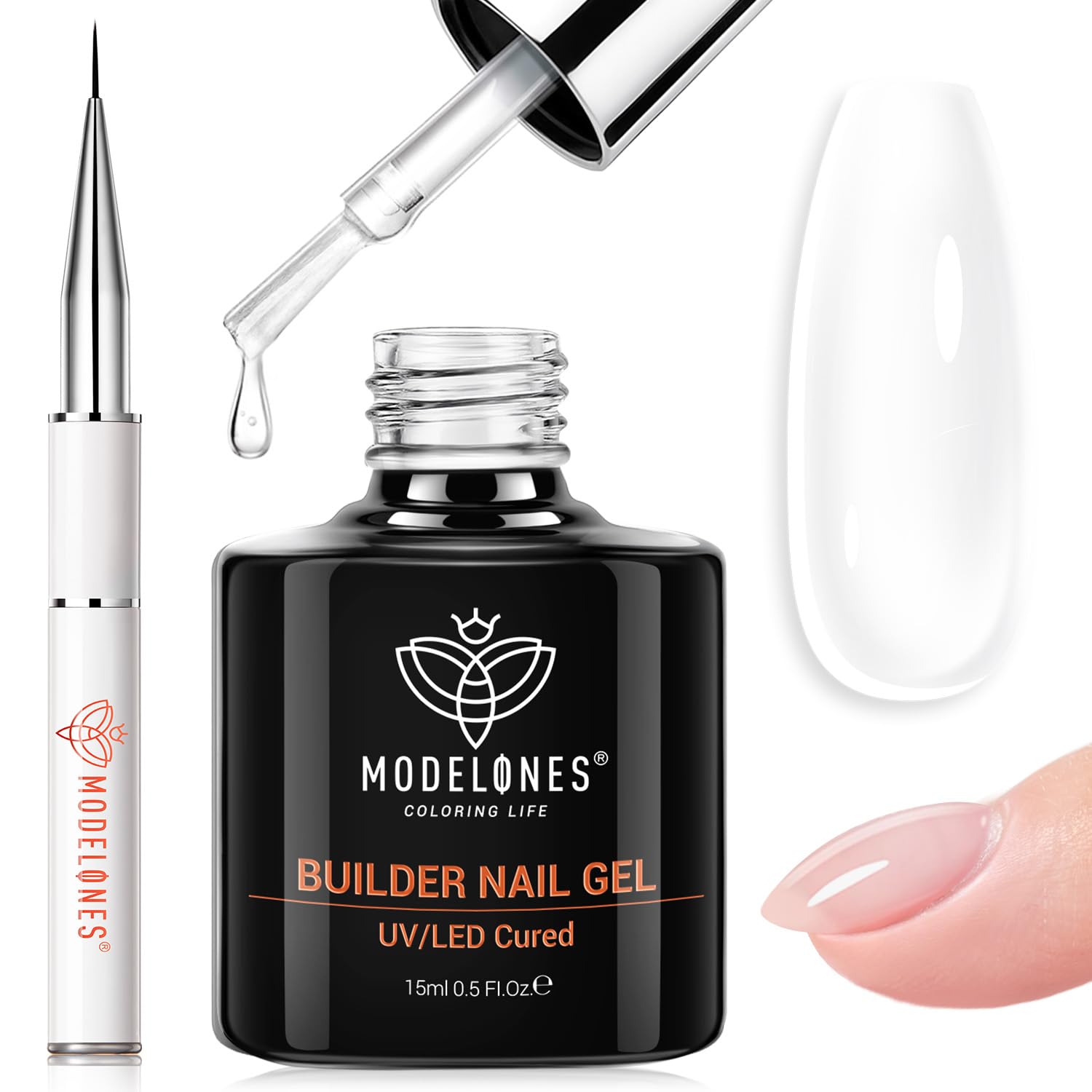 modelones front packaging showing clear builder gel and brush, easy identification benefit