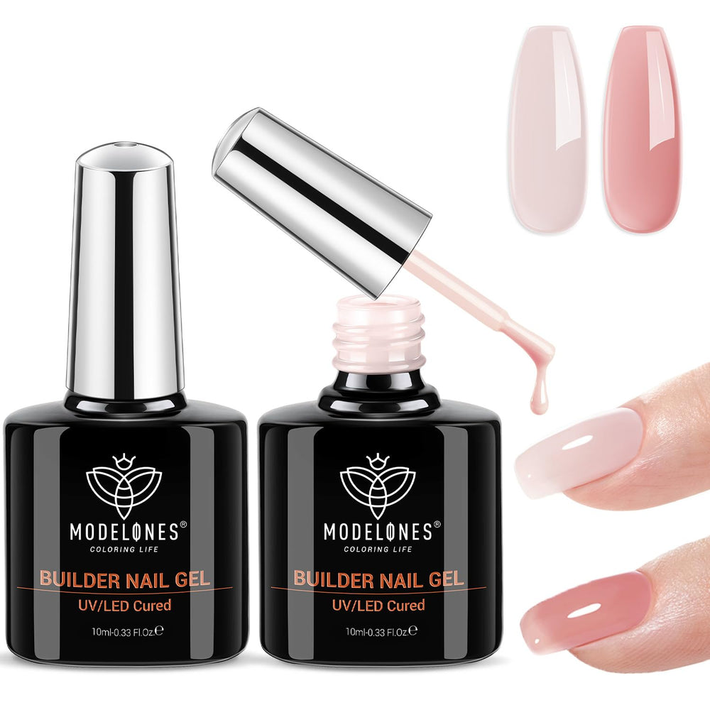 modelones front packaging showing two 10ml builder gel bottles and benefits