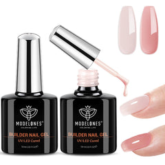 modelones front packaging showing two 10ml builder gel bottles and benefits