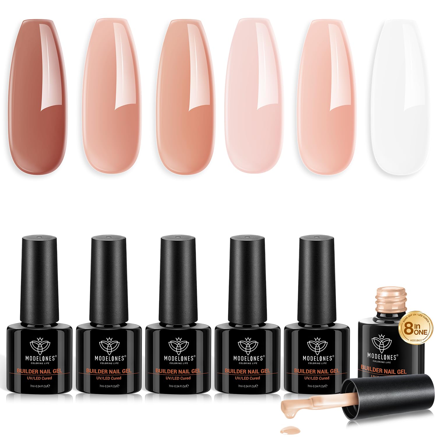 modelones front packaging showing six builder gel tubes and skin-tone benefits