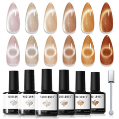 modelones front packaging of cat eye gel set showing six nude shades and magnet, clear presentation benefit