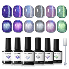 modelones front packaging showing 6 cat eye gel bottles and magnet, ideal starter kit