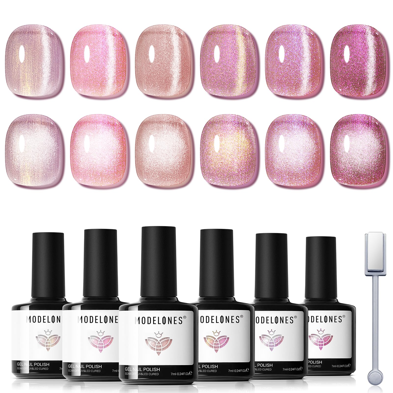 Modelones front packaging showing six bottles and magnetic stick, clear starter kit benefit