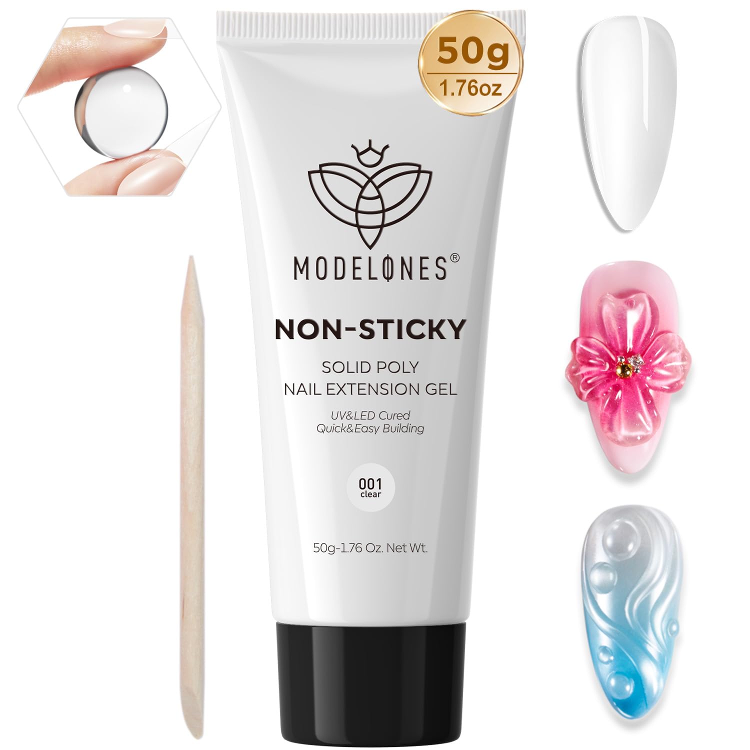 modelones front packaging showing 50g clear poly gel, easy storage benefit