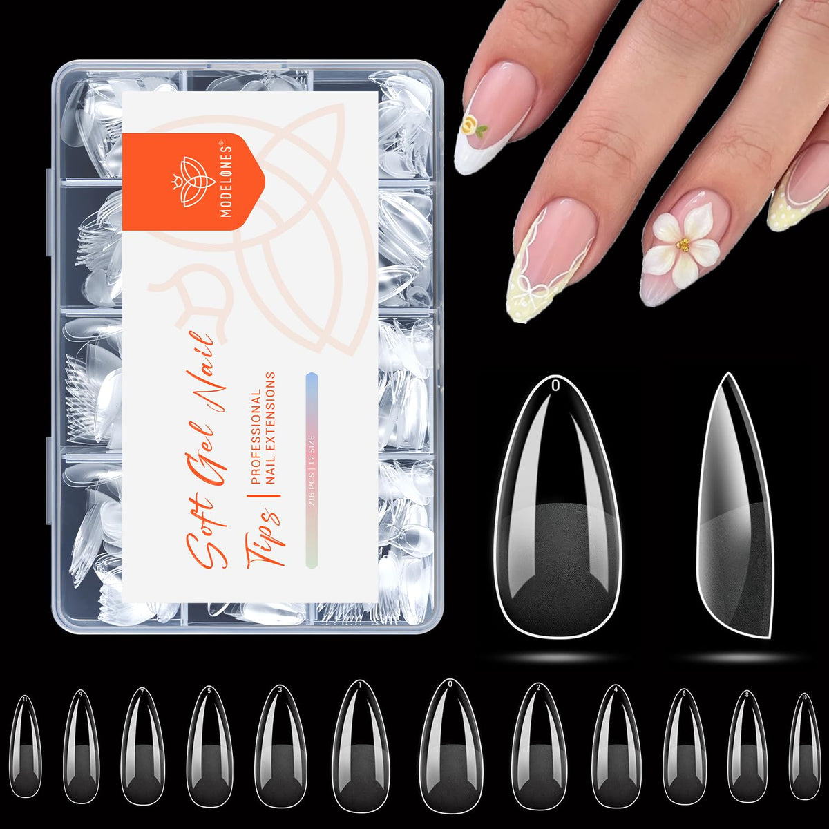 modelones front packaging of clear almond tips shows complete kit and quick-start benefit