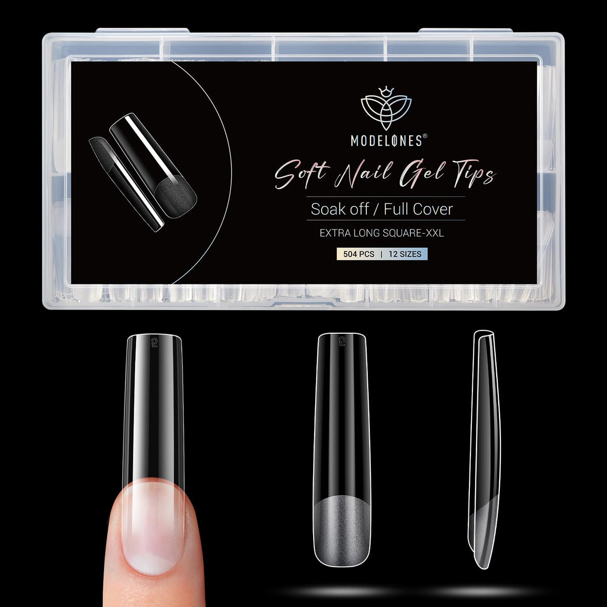 modelones front packaging showing 504 clear gel tips and kit benefit of complete supply