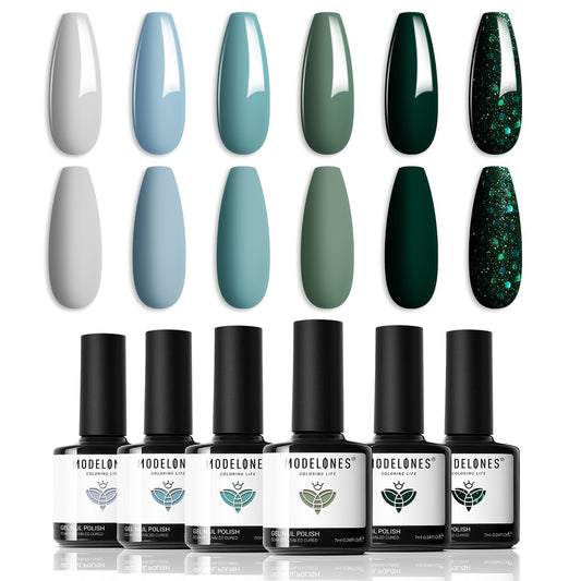 modelones front packaging showing six gel polish bottles and lamp, convenient kit