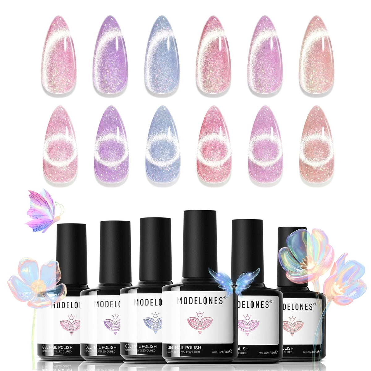 modelones kit front packaging showing six gel bottles and magnet, clear contents benefit