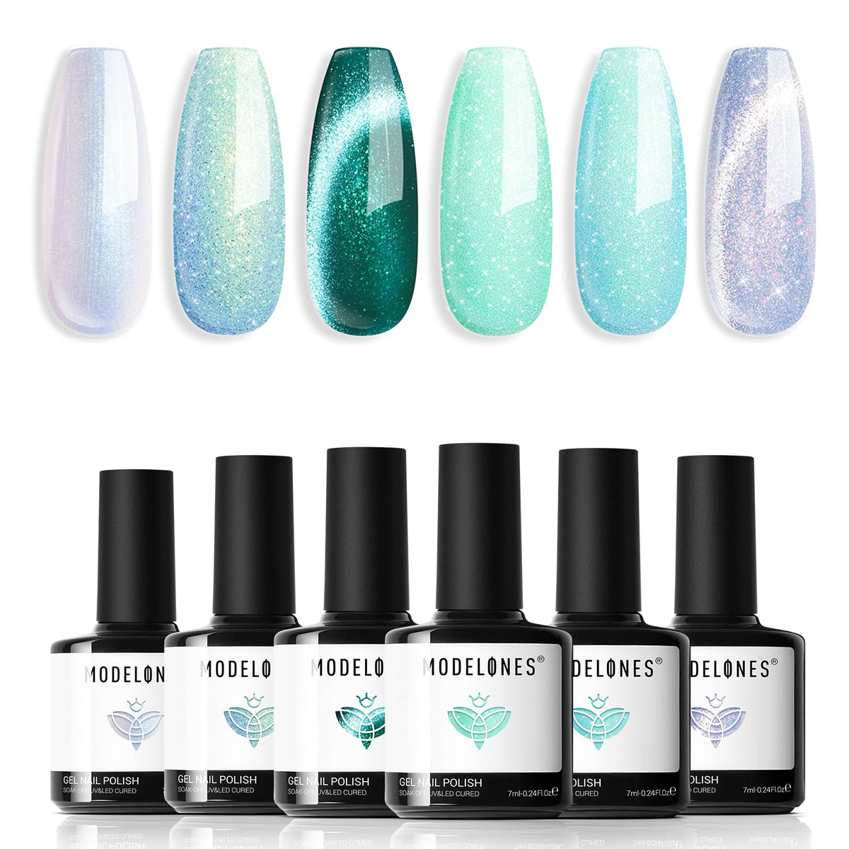 modelones front packaging showing six green shimmer bottles and gift-ready appeal