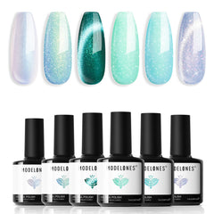 modelones front packaging showing six green shimmer bottles and gift-ready appeal