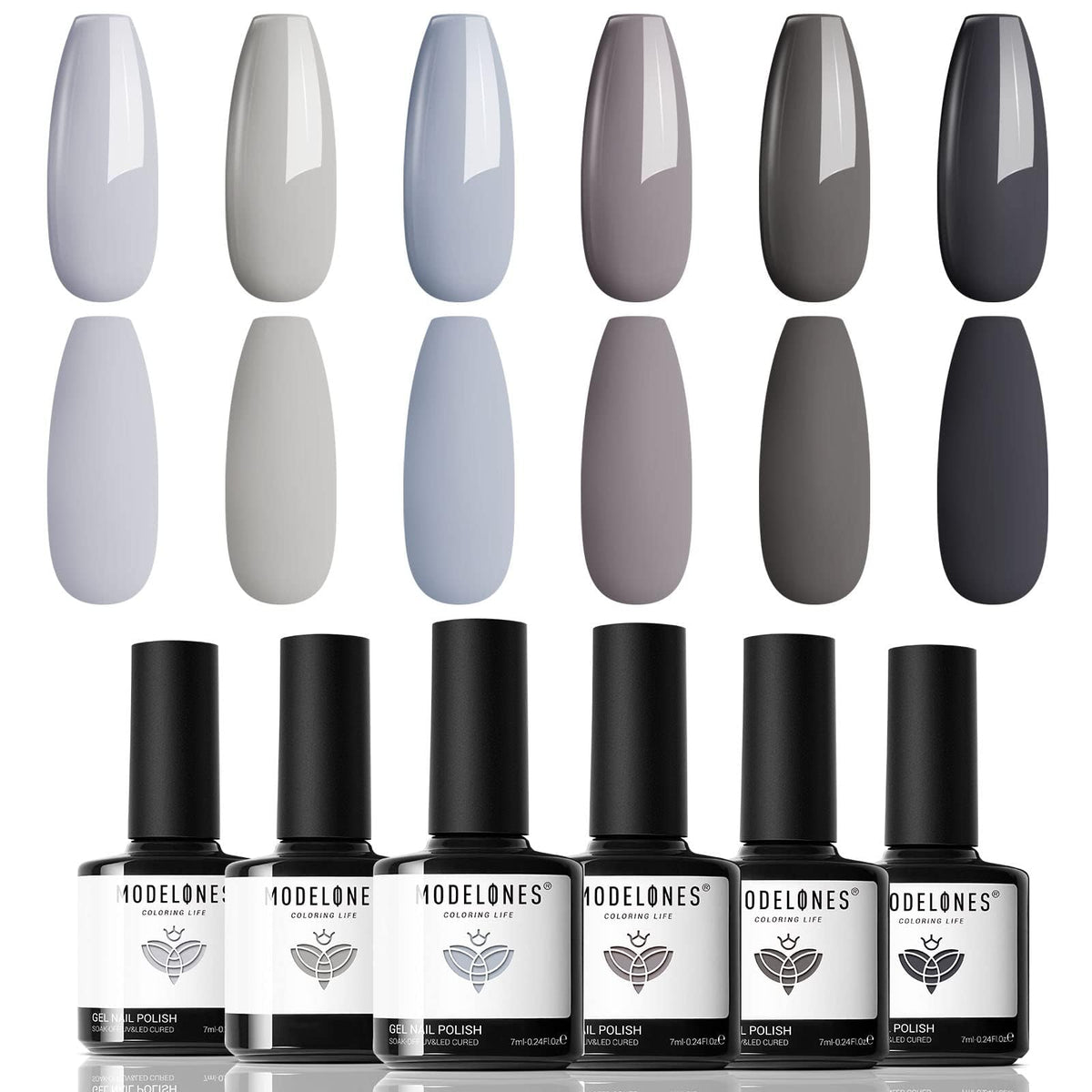 modelones front packaging showing six grey gel bottles and gift-ready box benefit elegant presentation