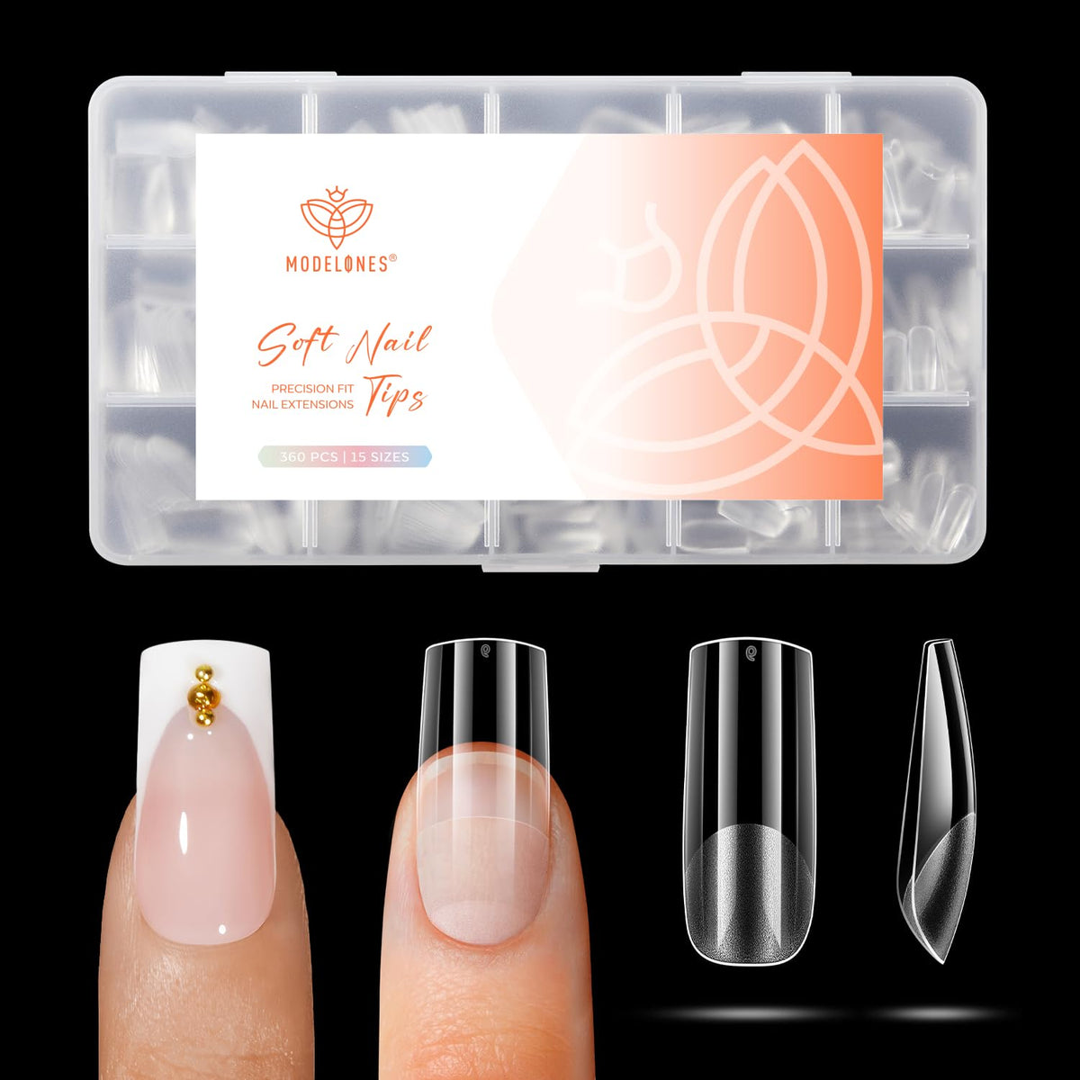 modelones front packaging showing 360 medium square gel tips and clear organization benefit