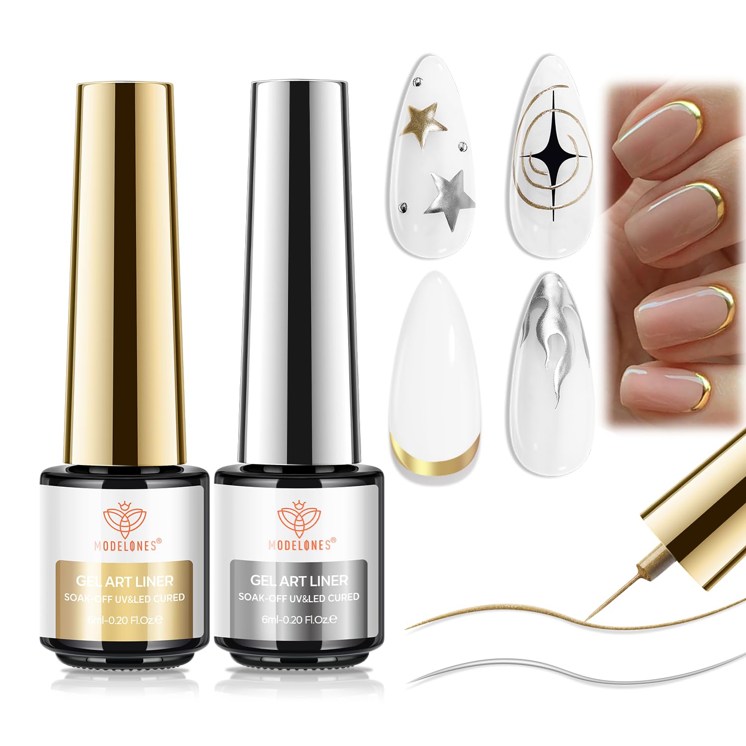 modelones front packaging showing metallic gold and silver duo benefit of neat storage