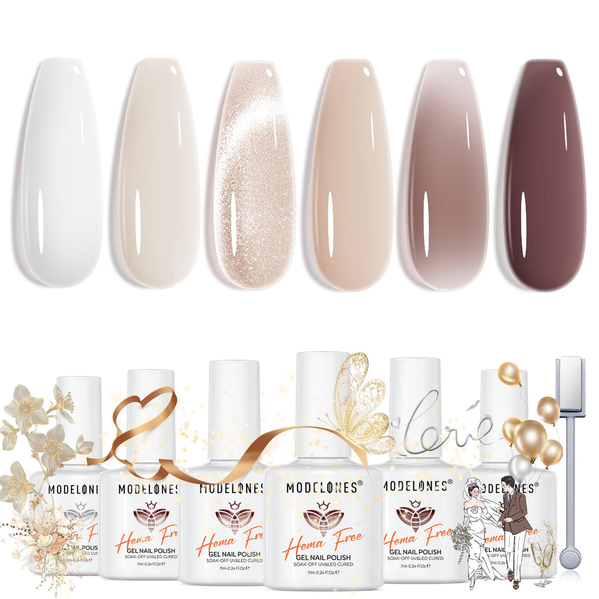 modelones front packaging showing six nude gel bottles and box, ideal gift