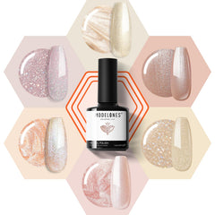 modelones front packaging showing six nude gel bottles and kit contents benefit: clear set presentation
